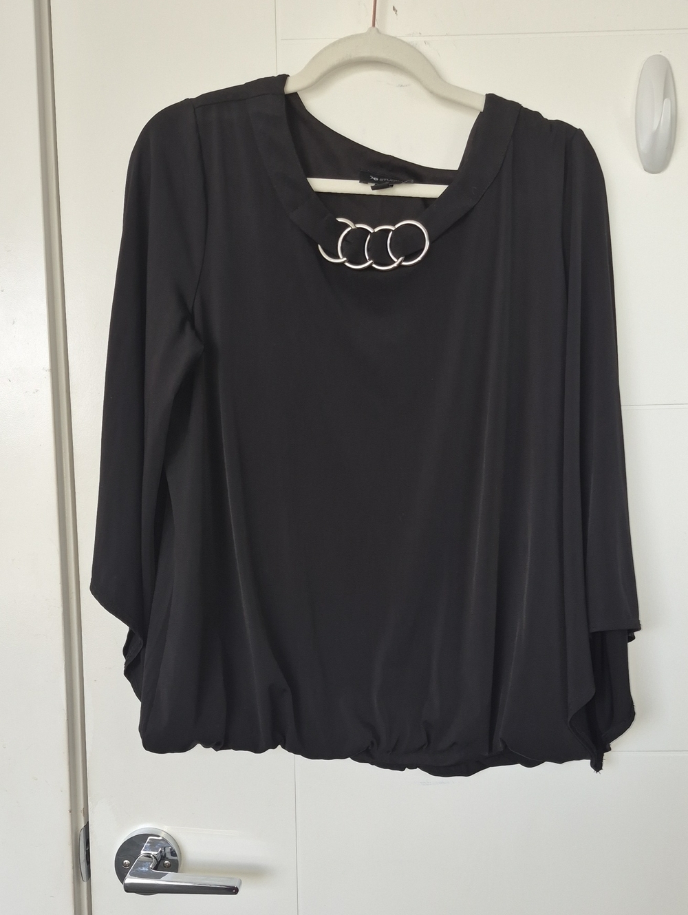 AB Studio Black Draped Blouse with Silver Ring Accent